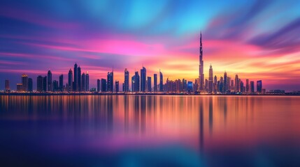 Fototapeta premium Vibrant cityscape at dusk in Dubai, featuring iconic landmarks and a colorful, picturesque sky.