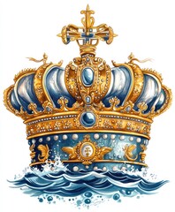 An ornate golden crown adorned with jewels, surrounded by waves.