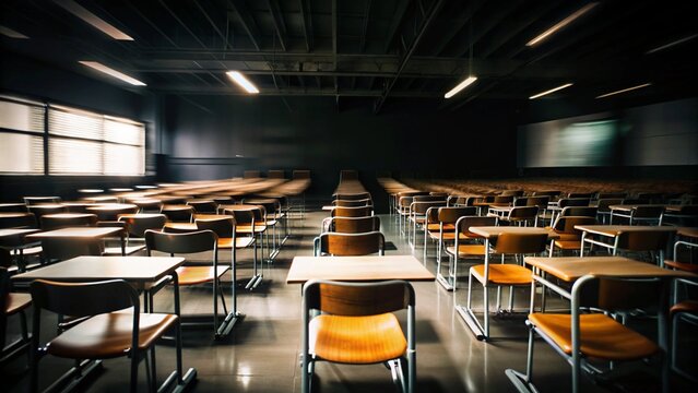 Wide angle view of an empty classroom with wooden desks, education space design - Powered by Adobe