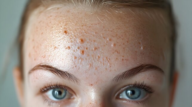 Before-and-after comparison focusing on the forehead and T-zone, showing a transformation from blackhead-prone, oily skin to a smooth, poreless texture