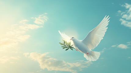 International Day of Peace, Photorealistic dove flying in the sky, Soft light blue and white clouds in the background, Calm and serene atmosphere, Vibrant sky and gentle lighting