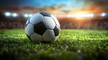 Obraz premium A Close-Up of a Soccer Ball on a Green Grass Field with Blurred Lights in the Background