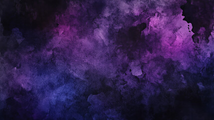 Fototapeta premium A dark and dramatic watercolor abstract background in deep purples, blacks, and midnight blues, with heavy brushstrokes and bold contrasts.