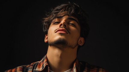Obraz premium A young man with dark hair and a goatee looks up with a thoughtful expression. He's wearing a plaid shirt and has a subtle earring.