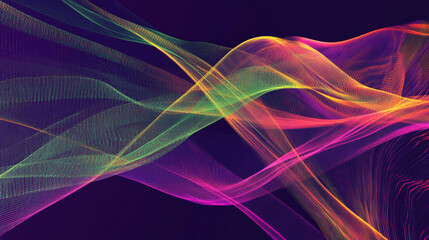 Naklejka premium Thin, vibrant lines in green, pink, and orange crisscrossing on a deep purple background, creating a dynamic abstract network design.