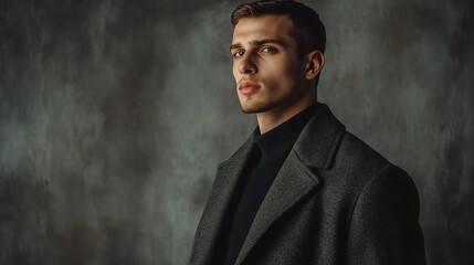 Portrait of a young man in a coat, looking directly at the camera with a serious expression.
