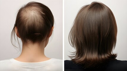 Fototapeta premium Before-and-after hair loss treatment photos, showing thin, patchy hair pre-treatment and substantial regrowth and thickness after 6 months of progress