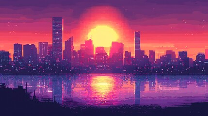 Fototapeta premium A pixelated cityscape with a bright, orange sunset reflected in the water.