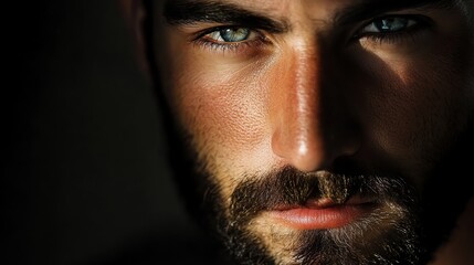 Obraz premium Close-up portrait of a handsome man with blue eyes and a beard, looking intense and confident.