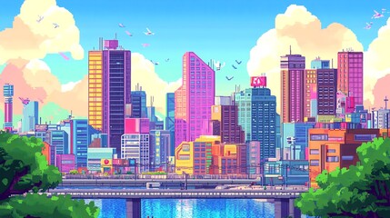 Naklejka premium Pixel art cityscape with colorful buildings, a bridge, and a river.