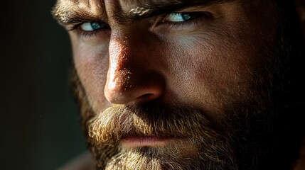 Obraz premium A close-up portrait of a man with a beard, looking intensely at the camera with a serious expression.