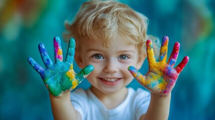 Close-up of a child's hand with colorful paint, showing five fingers and painted in rainbow colors. The young boy is smiling while holding his hands up to the camera, creating an adorable and playful 