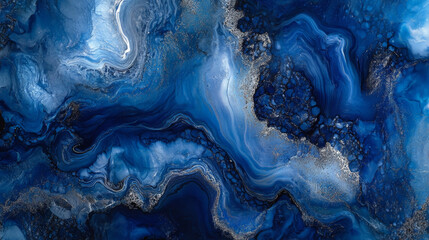 Obraz premium Fluid alcohol ink art featuring bold hues of deep blue and silver, with organic swirling patterns and marbled textures.