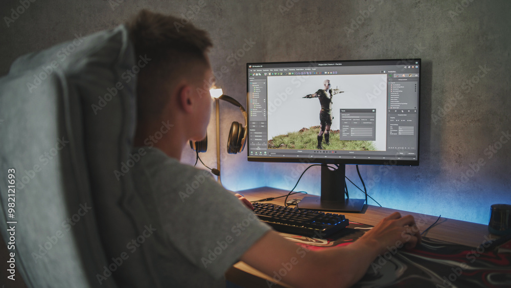 Poster Young designer creates 3D model and animation of game character using computer. Interface of professional 3D modeling software. Teen boy working on freelance project on PC at home. Game development.