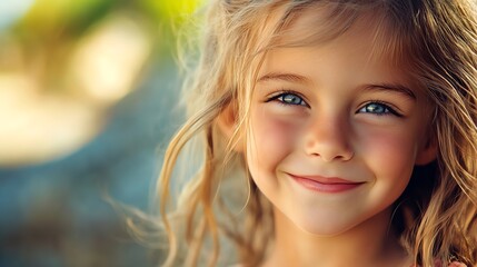 Fototapeta premium Portrait of a cute little girl with blonde hair and blue eyes smiling.