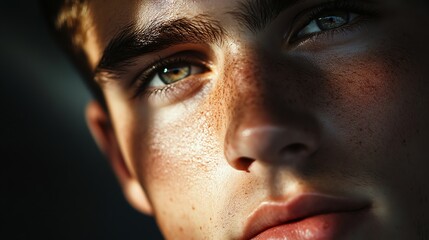 Close-up of a young man's face with freckles and bright eyes.