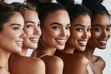 Fototapeta premium Three young women different of Asian Caucasian Black ethnicities stand together with glowing smiles, representing the power of friendship.