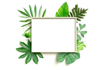 A vibrant arrangement of tropical leaves surrounding a blank frame, perfect for decoration or nature-themed projects.