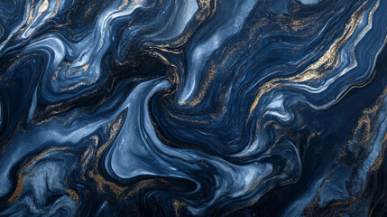 Obraz premium Liquid marble texture with deep navy blue and metallic silver accents, creating a bold, swirling abstract pattern.