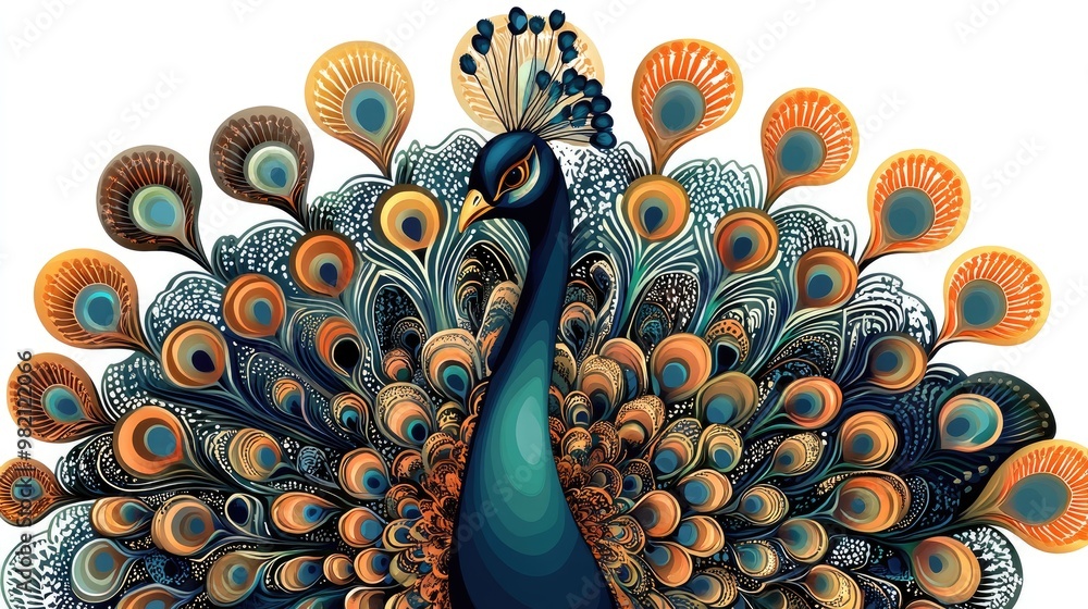 Poster detailed vector illustration of a peacock with its feathers spread in a graceful arc, showcasing int