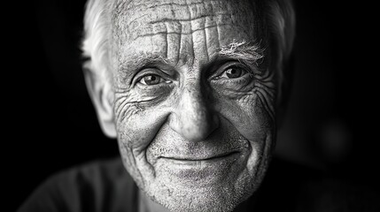 Black and white portrait of an elderly man with kind eyes and a smile.