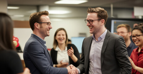 Business professionals meet for the first time at a conference, exchanging smiles and handshakes as they introduce themselves. The environment is welcoming and conducive to networking.