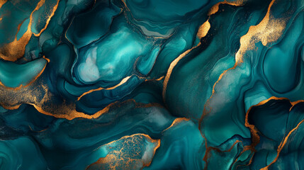 Alcohol ink liquid art featuring deep teal and gold accents, with swirling marbled textures and intricate fluid shapes.