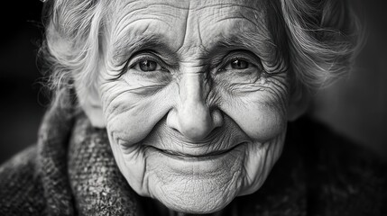 A black and white portrait of an elderly woman with a warm smile and kind eyes.