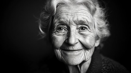 Black and white portrait of an elderly woman smiling.