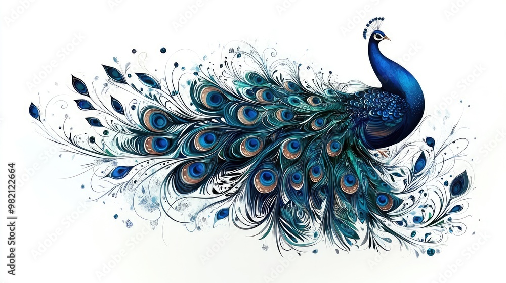 Poster stunning peacock vector art with intricate feather patterns and vibrant details, set against a clean