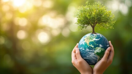 Human hands gently holding a flourishing tree and Earth globe, with a green nature backdrop, celebrating Earth Day and the importance of global environmental care