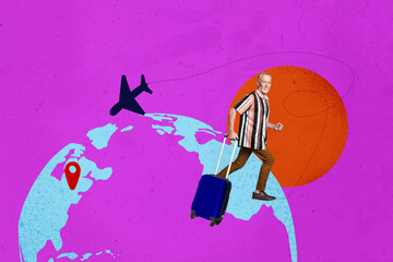 Creative collage picture elder pensioner man grandfather go abroad vacation departure booking...