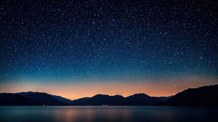 Night sky full of stars reflecting on calm lake water with mountains in background