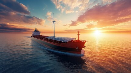 Naklejka premium Hybrid cargo ship with solar panels and wind turbines, cruising through international waters, promoting sustainable maritime transport with clean energy