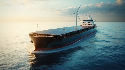 Naklejka premium Hybrid cargo ship with solar panels and wind turbines, cruising through international waters, promoting sustainable maritime transport with clean energy