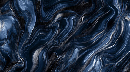 Obraz premium A luxurious liquid marble background in deep midnight blue with flowing silver veins, creating an elegant and modern texture with fluid, reflective patterns.