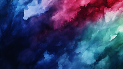 A bold and dramatic watercolor abstract background with deep shades of indigo, burgundy, and emerald green, creating rich textures and dynamic contrasts.