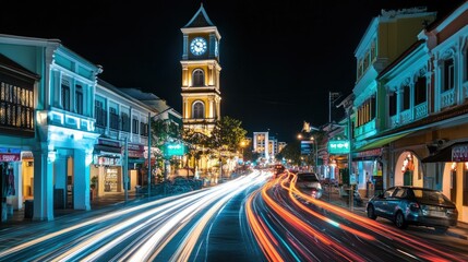 Obraz premium Iconic clock tower of Phuket Old Townaes Sino-Portuguese district at night, with long exposure capturing the dynamic movement of vehicle light trails around the heritage site.