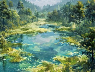 Serene Forest Lake Landscape Painting - Tranquil Nature Scenery