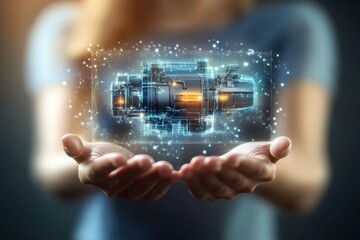 Hologram of a boat motor from marine engineering in womans hands