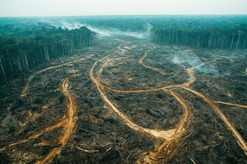 Aerial view of deforestation in the Amazon rainforest, with large areas cleared, representing the devastating impact of human activity on climate change and the loss of biodiversity