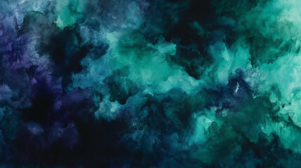 Fototapeta premium A dark watercolor oil painting background with rich, deep tones of emerald green, navy blue, and dark purple, creating a moody, abstract texture.