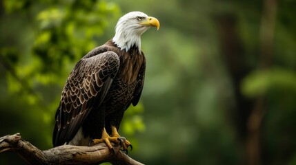 Majestic Bald Eagle Perched on a Branch in a Lush Forest
