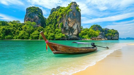 Fototapeta premium Idyllic scene of a long-tail boat on the shore of a tropical beach in Krabi, with lush green limestone rocks and the clear Andaman Sea in the background