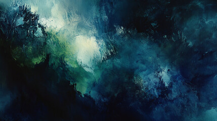 Deep and moody watercolor oil painting in rich shades of dark blue, black, and green, with bold brushstrokes forming an abstract, textured background.