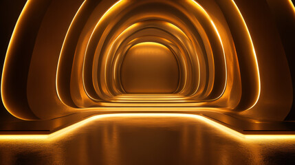 Naklejka premium Modern golden corridor illuminated with soft lighting creates a futuristic atmosphere for artistic showcases