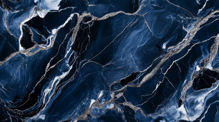 Realistic liquid marble in navy blue with flowing silver veins, creating a modern and luxurious texture with fluid movement.