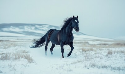 Fototapeta premium A black horse is running through a snowy field