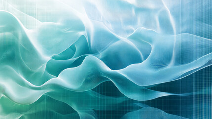 Obraz premium Liquid gradient waves in soothing blues and greens, smoothly curving across a geometric grid background, creating a fluid abstract design.
