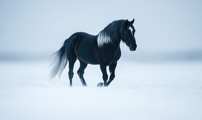 Obraz premium A black horse is running through the snow